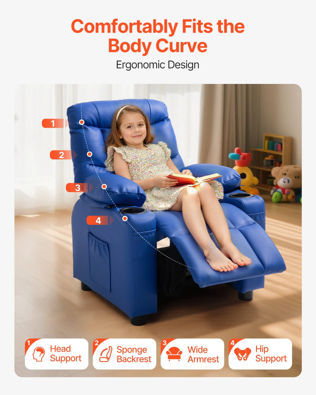 VEVOR Kids Reclining Chair, Toddler Recliner with 2 Cup Holders and 4 Pockets, 107° to 126° Adjustable Back, Easy-to-Clean PU Leather Recliner Couch with Footrest, for Boys, Girls & Children (Blue) - View 6