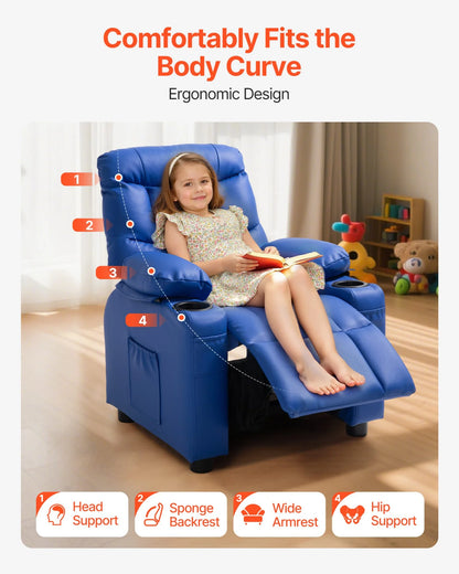VEVOR Kids Reclining Chair, Toddler Recliner with 2 Cup Holders and 4 Pockets, 107° to 126° Adjustable Back, Easy-to-Clean PU Leather Recliner Couch with Footrest, for Boys, Girls & Children (Blue) - View 6