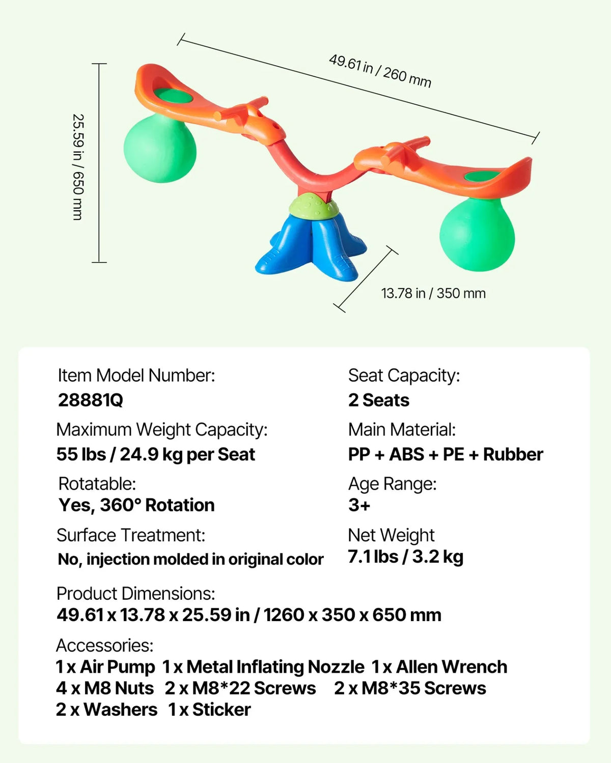 VEVOR Kids Seesaw 55 lbs Capacity 360 Degrees Rotating Teeter Totter Aged 3+ - View 6