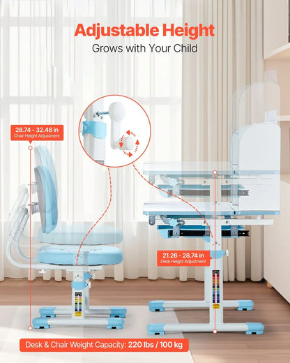 VEVOR Kids Study Chair and Desk Set, Study Desk and Chair for Kids with Bookshelf & Storage Drawer, Adjustable Height & 0-40° Tilted Desktop Desk and Chair, Study Table for Bedroom & Study Room, Blue