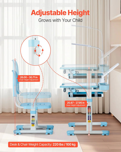 VEVOR Kids Study Chair and Desk Set, Study Desk and Chair for Kids with Table Lamp, Adjustable Height & 0-40° Tilted Desktop Kids Desk and Chair, Children Study Table for Bedroom & Study Room, Blue
