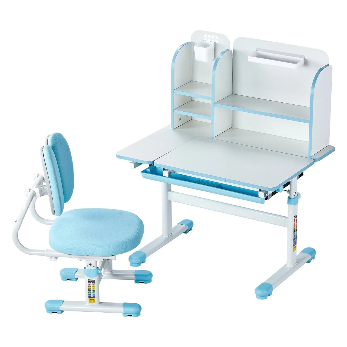 VEVOR Kids Study Chair and Desk Set, Study Desk and Chair for Kids with Bookshelf & Storage Drawer, Adjustable Height & 0-40° Tilted Desktop Desk and Chair, Study Table for Bedroom & Study Room, Blue - View 10