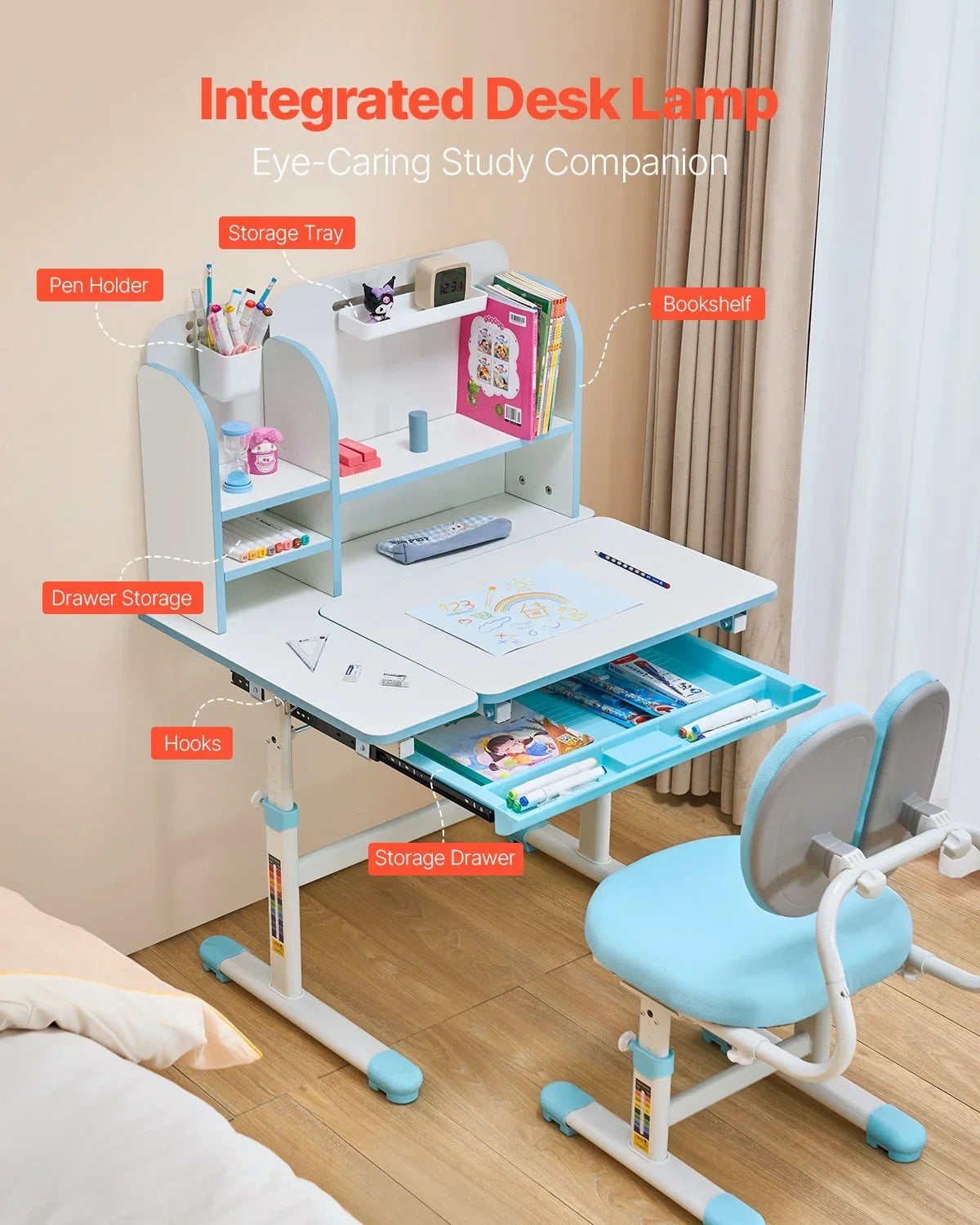 VEVOR Kids Study Chair and Desk Set, Study Desk and Chair for Kids with Bookshelf & Storage Drawer, Adjustable Height & 0-40° Tilted Desktop Desk and Chair, Study Table for Bedroom & Study Room, Blue - View 4