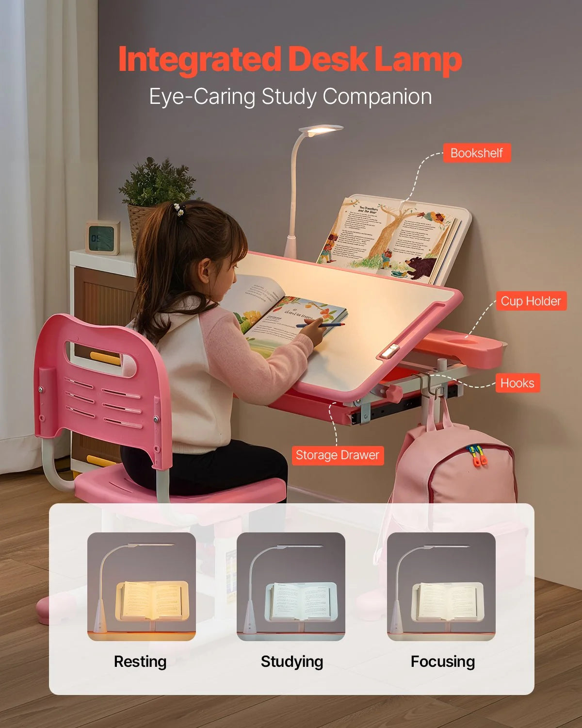 VEVOR Kids Study Chair and Desk Set, Study Desk and Chair for Kids with Table Lamp, Adjustable Height & 0-40° Tilted Desktop Kids Desk and Chair, Children Study Table for Bedroom & Study Room, Pink - View 4