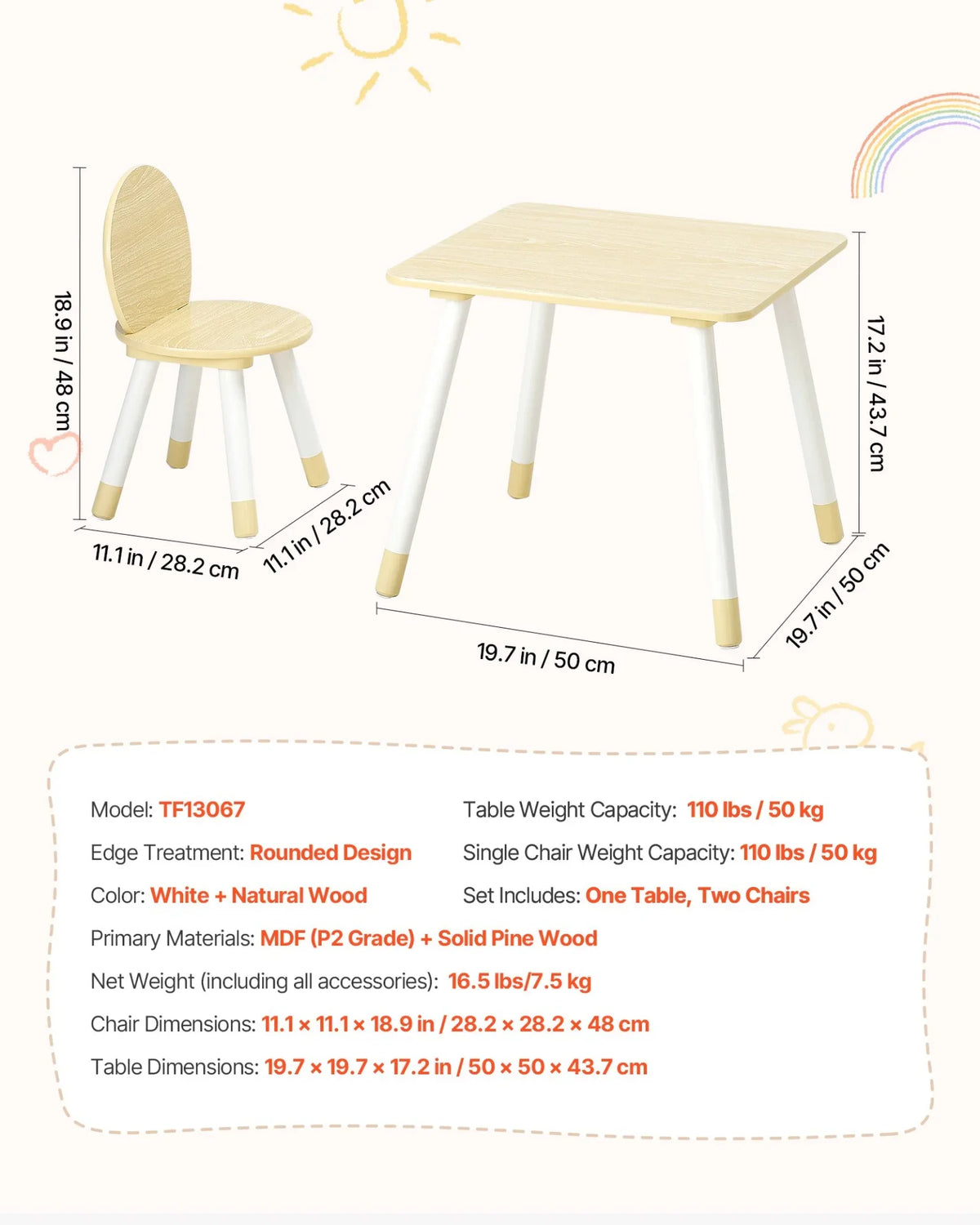VEVOR Kids Table and 2 Chairs Set, Toddler Table and Chair Set with Rounded Edge Design & Graffiti Desktop, Wooden Desk for Art, Craft, Reading, Learning, Drawing, Classroom/Daycare/Home, Burlywood - View 6