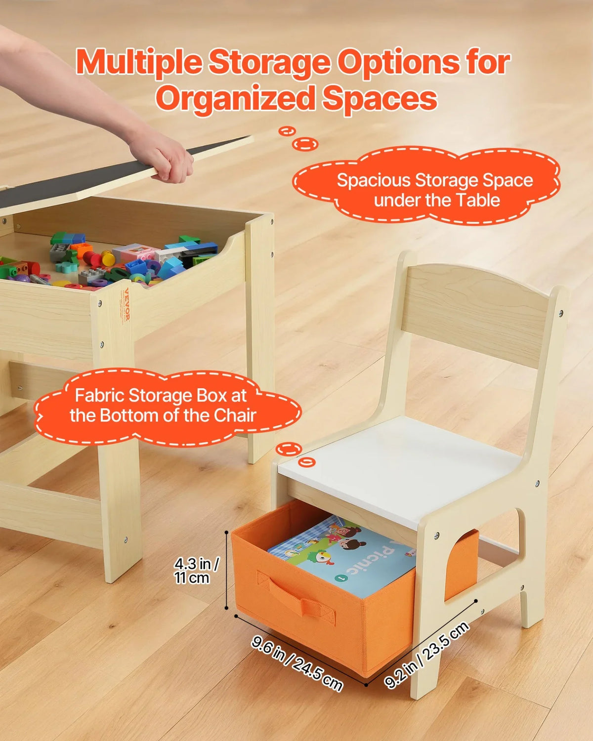 VEVOR Kids Table and 2 Chairs Set, Toddler Table and Chair Set with Storage Space under the Table, Cloth Storage Box under the Chairs, Wooden Desk for Art, Craft, Reading, Learning, Drawing, Burlywood - View 2