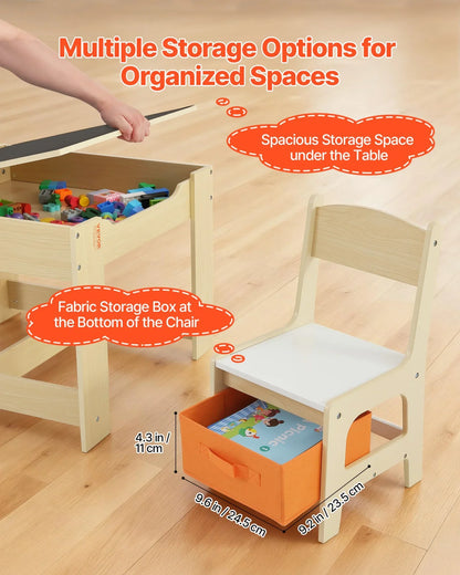 VEVOR Kids Table and 2 Chairs Set, Toddler Table and Chair Set with Storage Space under the Table, Cloth Storage Box under the Chairs, Wooden Desk for Art, Craft, Reading, Learning, Drawing, Burlywood - View 2