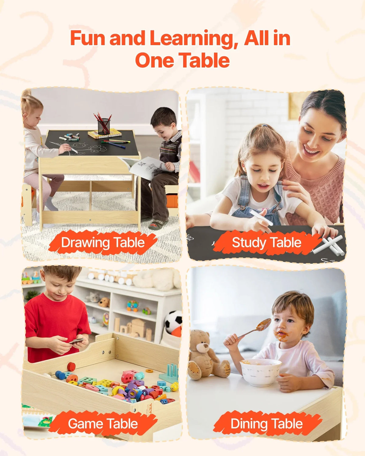 VEVOR Kids Table and 2 Chairs Set, Toddler Table and Chair Set with Storage Space under the Table, Cloth Storage Box under the Chairs, Wooden Desk for Art, Craft, Reading, Learning, Drawing, Burlywood - View 3