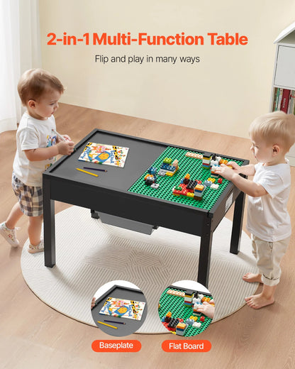 VEVOR Kids Wooden Activity Table, Building Blocks Double-Sided Tabletop, Multi-Purpose Activity Play Table with 2 Storage Bins for Kids 3+ Years, Large Storage Space, Present for Boys & Girls, Black