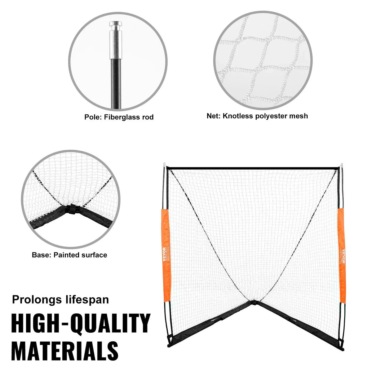 VEVOR Lacrosse Goal, 6' x 6' Lacrosse Net, Portable Lacrosse Goal with Carry Bag, Fiberglass Rod Backyard Lacrosse Training Equipment, Easy Setup Collegiate Goal, Perfect for Youth Adult Training - View 4