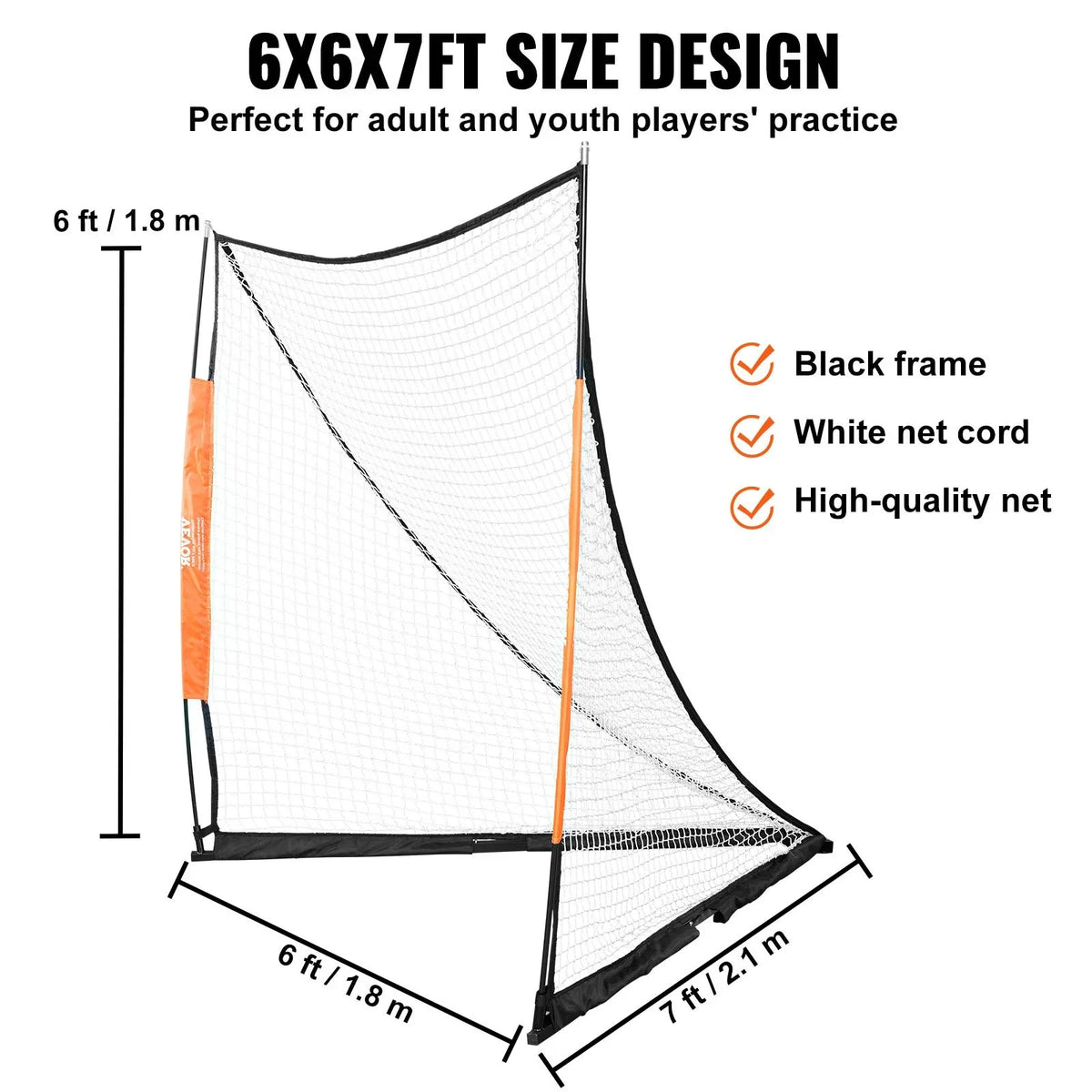 VEVOR Lacrosse Goal, 6' x 6' Lacrosse Net, Portable Lacrosse Goal with Carry Bag, Fiberglass Rod Backyard Lacrosse Training Equipment, Easy Setup Collegiate Goal, Perfect for Youth Adult Training - View 5