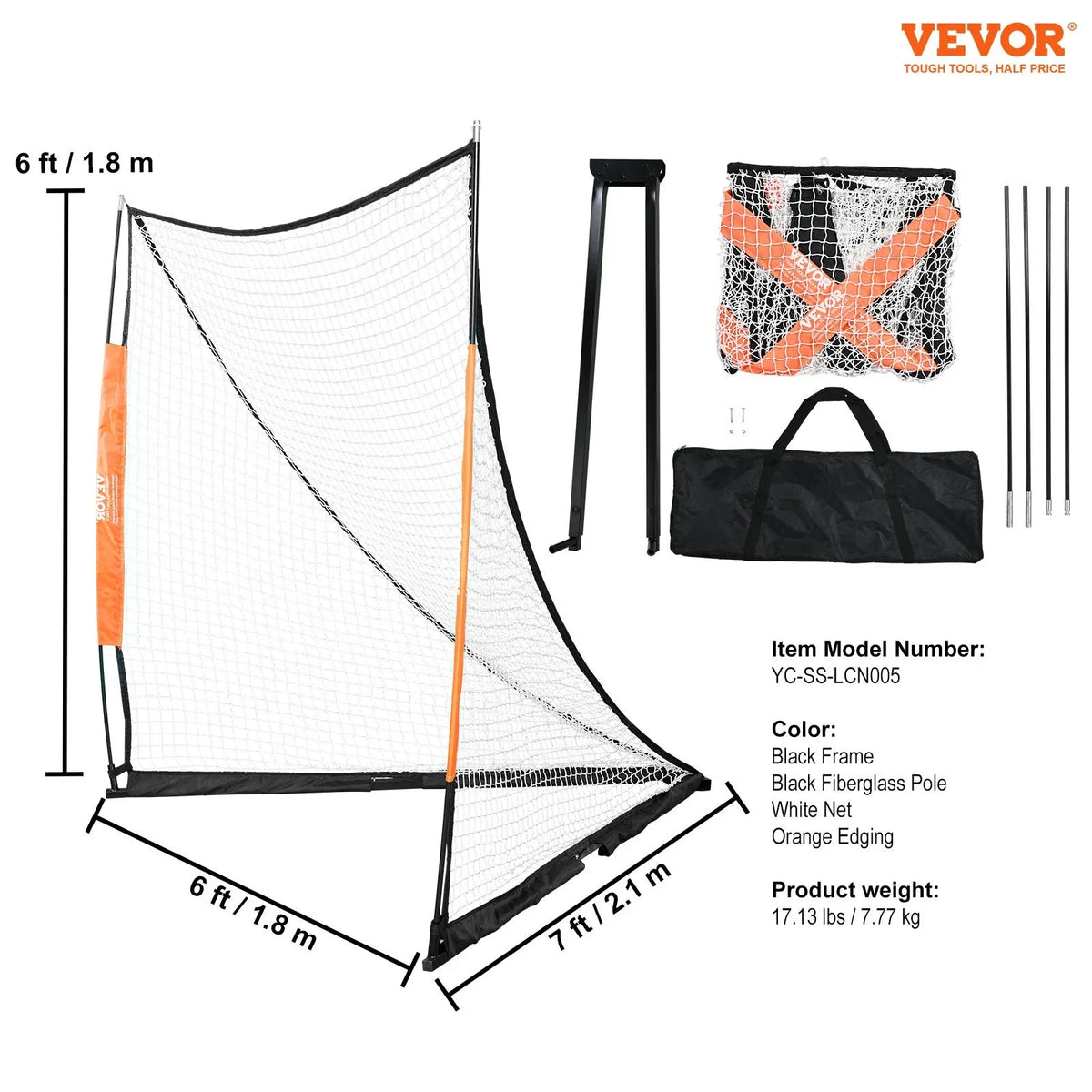 VEVOR Lacrosse Goal, 6' x 6' Lacrosse Net, Portable Lacrosse Goal with Carry Bag, Fiberglass Rod Backyard Lacrosse Training Equipment, Easy Setup Collegiate Goal, Perfect for Youth Adult Training - View 7