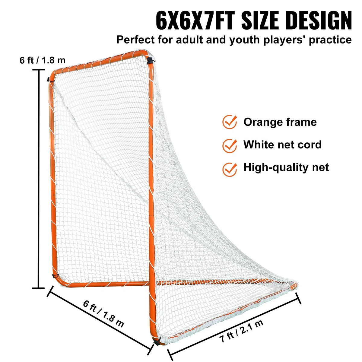 VEVOR Lacrosse Goal, 6' x 6' Lacrosse Net, Steel Frame Backyard Lacrosse Training Equipment, Portable Lacrosse Goal with Carry Bag, Quick & Easy Setup, Perfect for Youth Adult Training, Orange - View 4