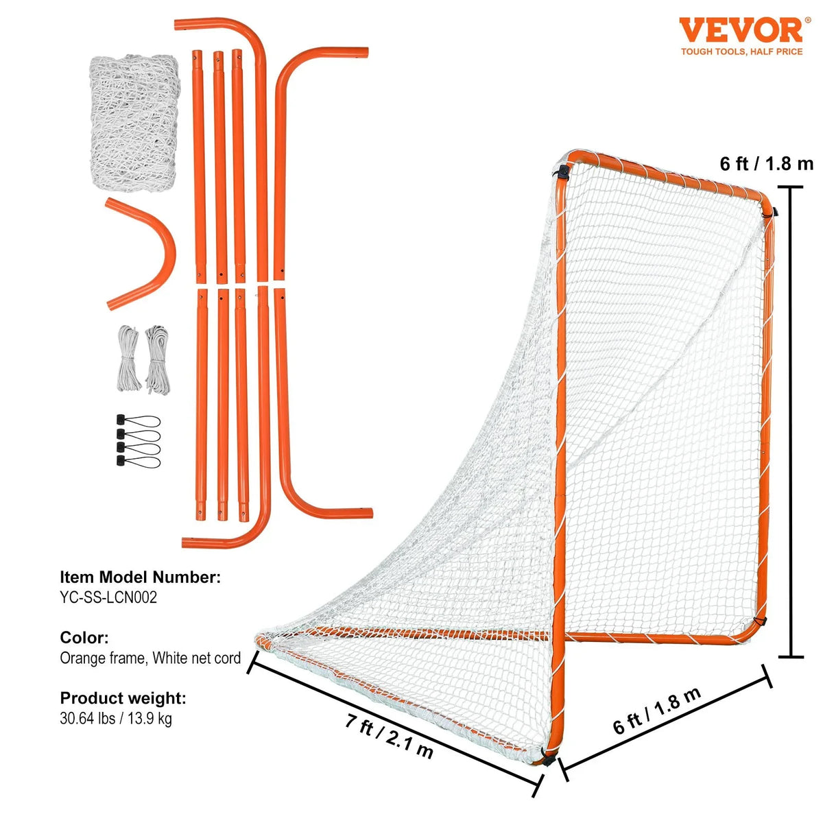 VEVOR Lacrosse Goal, 6' x 6' Lacrosse Net, Steel Frame Backyard Lacrosse Training Equipment, Portable Lacrosse Goal with Carry Bag, Quick & Easy Setup, Perfect for Youth Adult Training, Orange - View 6