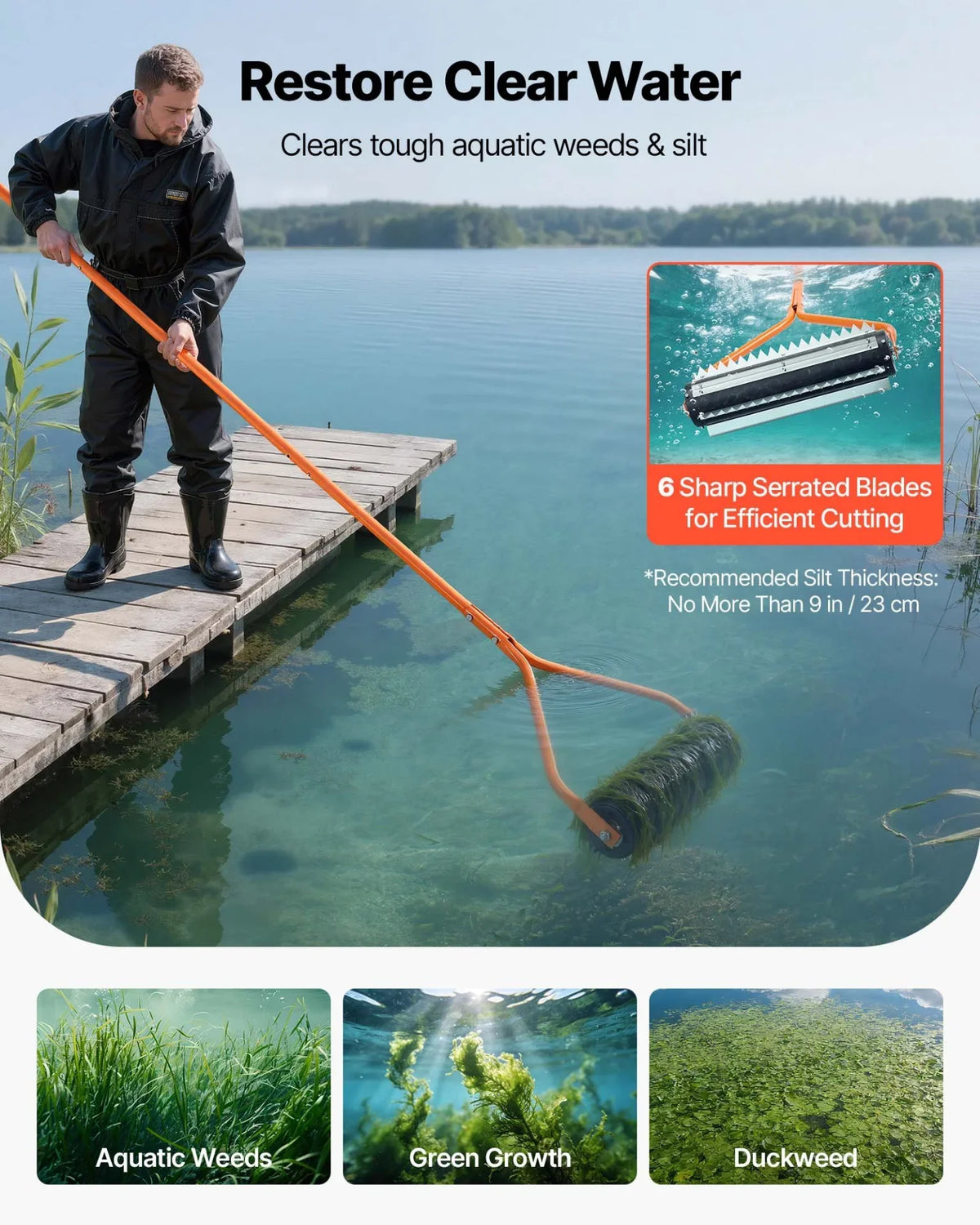 VEVOR Lake Weed Roller, 14.1 ft Stainless Steel Lake & Pond Weed Removal Tool, Muck Razer Aquatic & Sludge Tiller, Rid Roots and Muck Buildup, 6 Preassembled Stainless Steel Blades, 4 Aluminum Handles