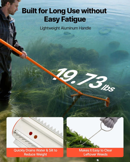 VEVOR Lake Weed Roller, 20 ft Lake & Pond Weed Removal Tool, Muck Razer Aquatic & Sludge Tiller, Rid Roots and Muck Buildup, 6 Preassembled Stainless Steel Blades, 6 Aluminum Handles, Easy Assembly - View 2