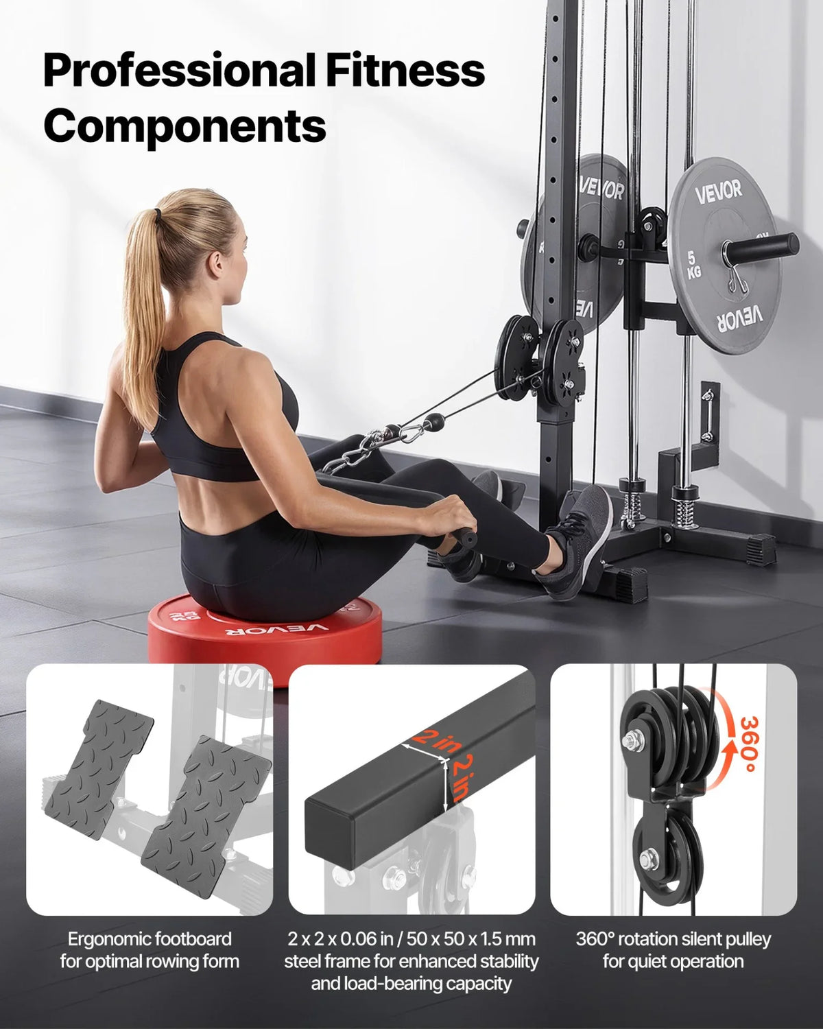 VEVOR LAT Pull Down Machine, 3-in-1 Row Cable Machine, Cable Machines Home Gym with 18-Level Height Adjustment, Wall-Mount Design, Load 500 lbs Lat Tower for Full-Body Workouts, Single-Arm Training - View 3