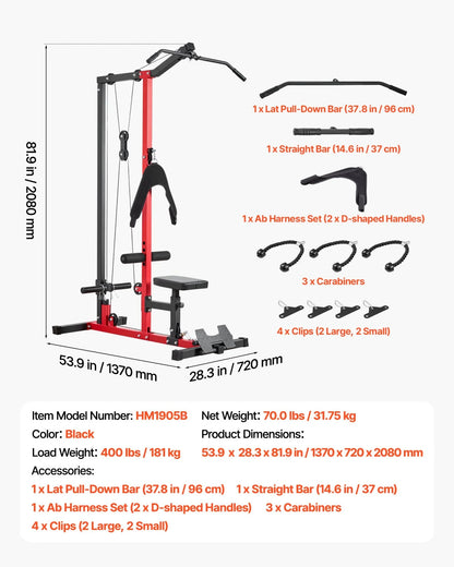 VEVOR LAT Pull Down Machine, 3-in-1 Row Cable Machine, Cable Machines Home Gym with 3-Level Adjustable Seat, 4-Level Adjustable Foam Roller, Load 400 lbs Lat Tower for Back, Chest, Tricep, Black - View 6