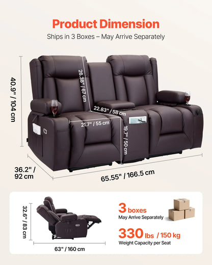 VEVOR Loveseat Recliner Sofa, Power Reclining Couch with Heating & Massage and Timer, PU Leather Electric Recliner Sofa with Center Console, USB Ports, Cup Holders and Side Bags for Living Room - View 2