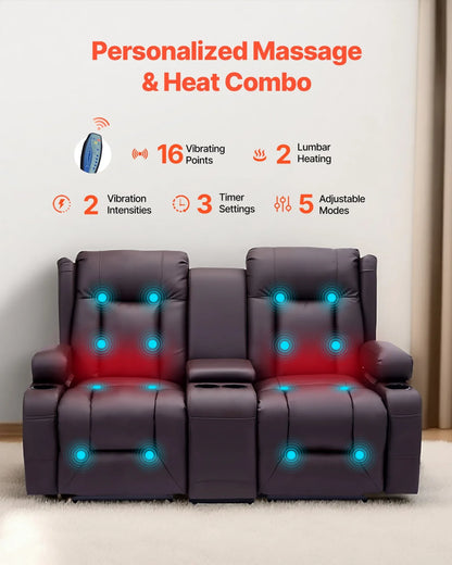 VEVOR Loveseat Recliner Sofa, Power Reclining Couch with Heating & Massage and Timer, PU Leather Electric Recliner Sofa with Center Console, USB Ports, Cup Holders and Side Bags for Living Room - View 3