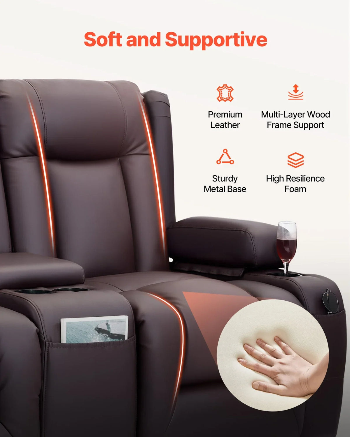 VEVOR Loveseat Recliner Sofa, Power Reclining Couch with Heating & Massage and Timer, PU Leather Electric Recliner Sofa with Center Console, USB Ports, Cup Holders and Side Bags for Living Room - View 4