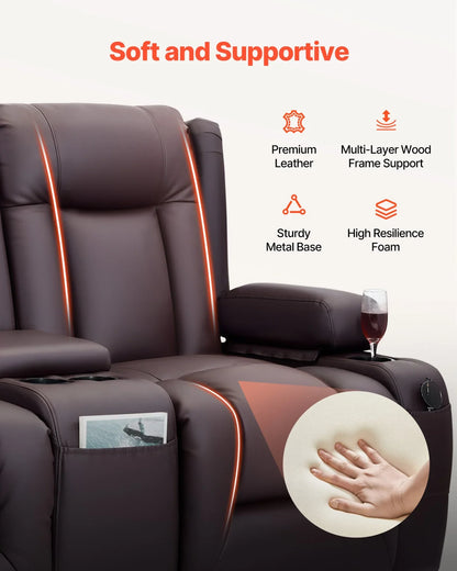 VEVOR Loveseat Recliner Sofa, Power Reclining Couch with Heating & Massage and Timer, PU Leather Electric Recliner Sofa with Center Console, USB Ports, Cup Holders and Side Bags for Living Room - View 4