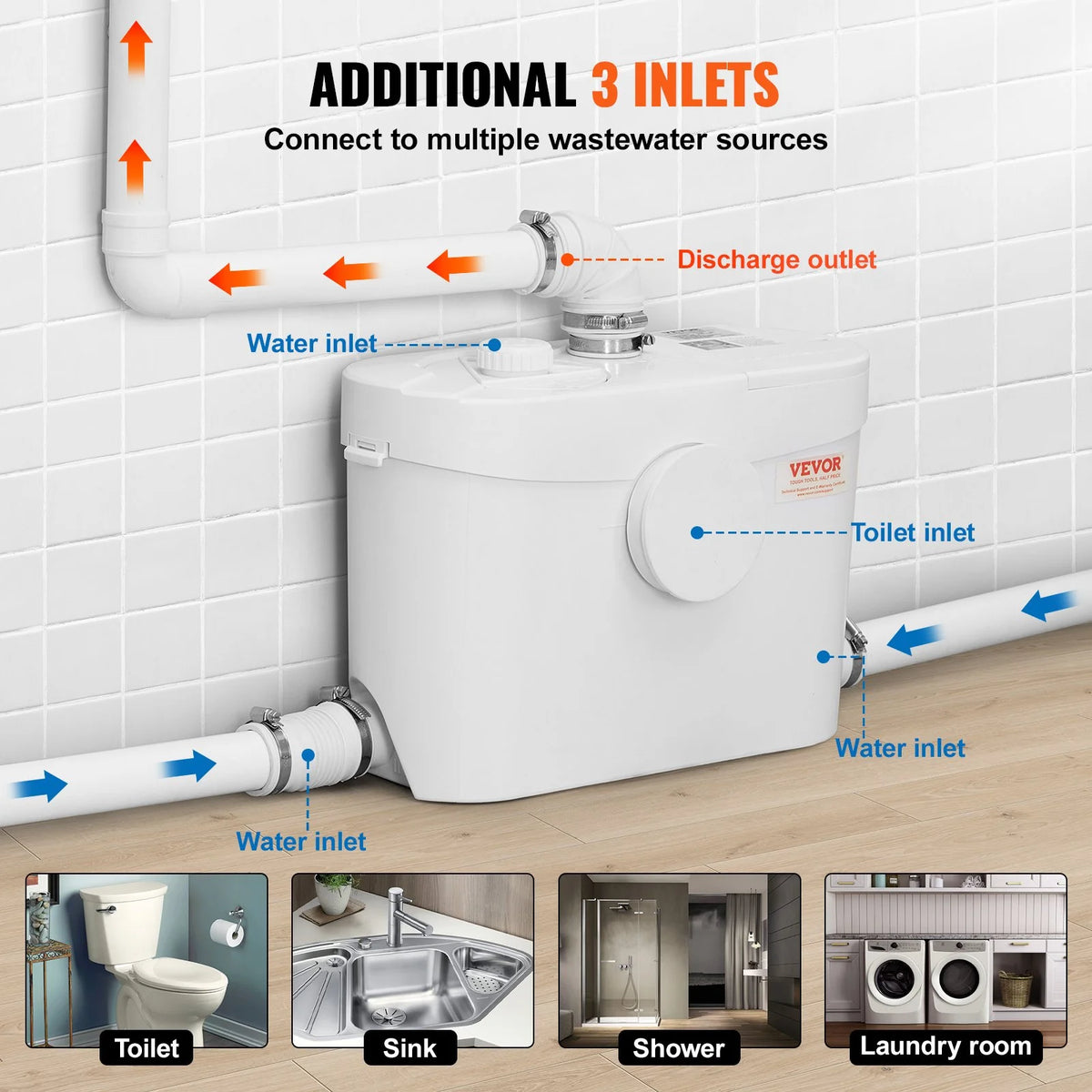 VEVOR Macerating Toilet System with Powerful 700W Macerator Pump, Rear Discharge and Upflush Toilet For Basement, Dual Flush Water Disposal, Macerating Toilet System Kit with 3-Inlet, Space Saving - View 2