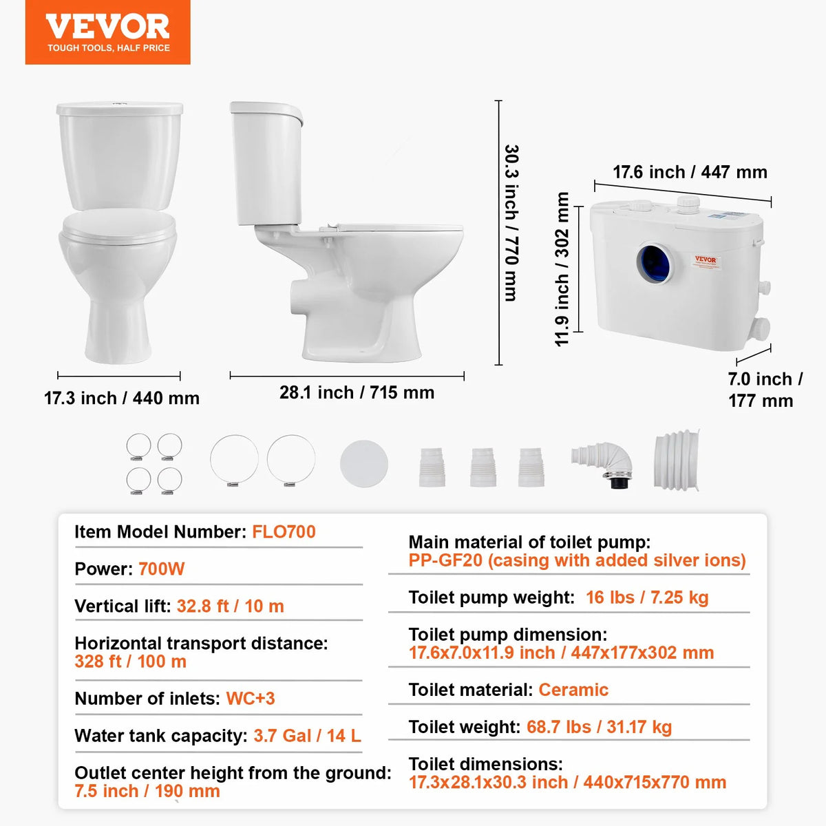 VEVOR Macerating Toilet System with Powerful 700W Macerator Pump, Rear Discharge and Upflush Toilet For Basement, Dual Flush Water Disposal, Macerating Toilet System Kit with 3-Inlet, Space Saving - View 6