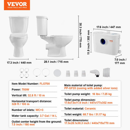 VEVOR Macerating Toilet System with Powerful 700W Macerator Pump, Rear Discharge and Upflush Toilet For Basement, Dual Flush Water Disposal, Macerating Toilet System Kit with 3-Inlet, Space Saving - View 6