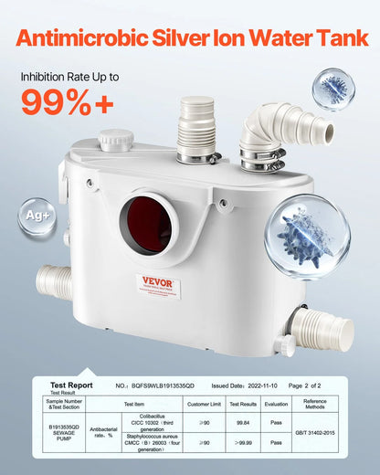 VEVOR Macerator Pump, 500W, 29 GPM Flow, 26 ft/8 m Head, Macerator Sewerage Toilet Pump with 4 Water Inlets, Waste Water Disposal Upflush Machine for Toilet, Basement, Shower, Sink, Laundry, Bathtub - View 3
