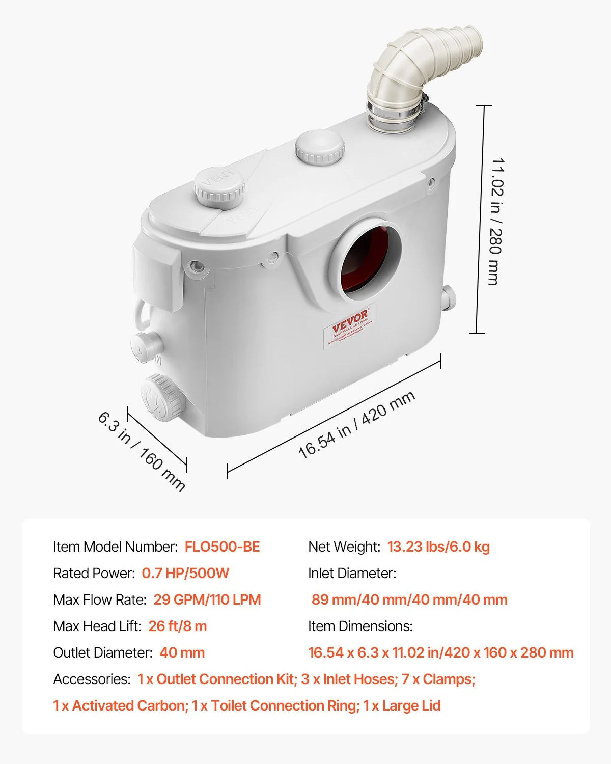 VEVOR Macerator Pump, 500W, 29 GPM Flow, 26 ft/8 m Head, Macerator Sewerage Toilet Pump with 4 Water Inlets, Waste Water Disposal Upflush Machine for Toilet, Basement, Shower, Sink, Laundry, Bathtub - View 6