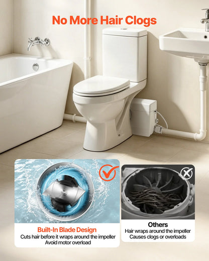 VEVOR Macerator Pump 800W 12000L/h Flow 32.8 ft/10 m Head PCB Smart Control, Macerating Sewage Pump, Waste Water Disposal Upflush Machine with 4 Inlets, for Basement, Toilet, Sink, Laundry, Kitchen - View 3