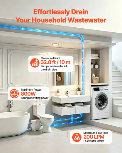 VEVOR Macerator Pump 800W 12000L/h Flow 32.8 ft/10 m Head PCB Smart Control, Macerating Sewage Pump, Waste Water Disposal Upflush Machine with 4 Inlets, for Basement, Toilet, Sink, Laundry, Kitchen - View 4