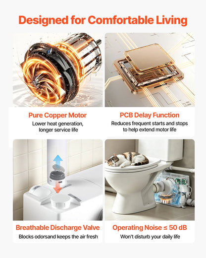 VEVOR Macerator Pump 800W 12000L/h Flow 32.8 ft/10 m Head PCB Smart Control, Macerating Sewage Pump, Waste Water Disposal Upflush Machine with 4 Inlets, for Basement, Toilet, Sink, Laundry, Kitchen - View 5