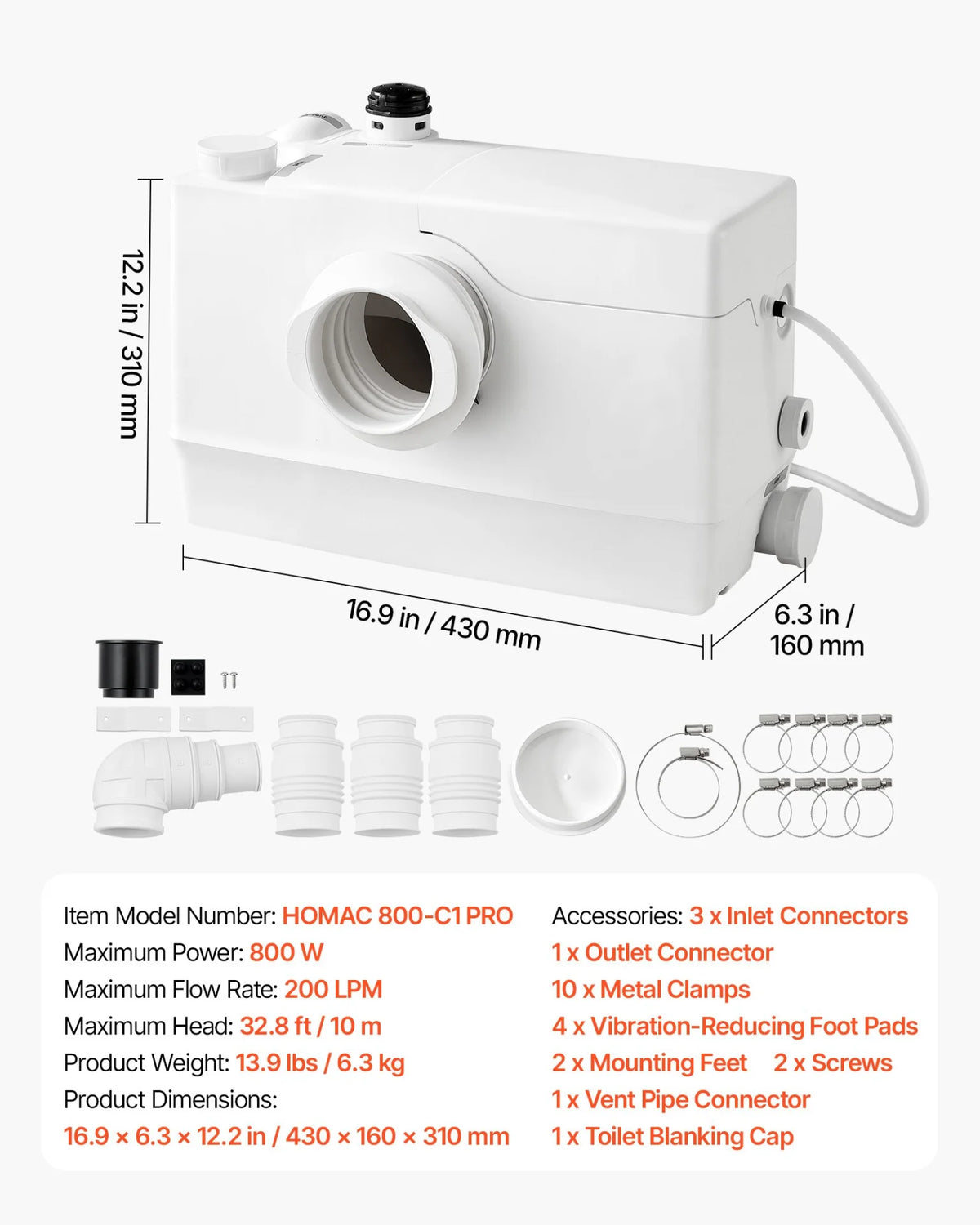 VEVOR Macerator Pump 800W 12000L/h Flow 32.8 ft/10 m Head PCB Smart Control, Macerating Sewage Pump, Waste Water Disposal Upflush Machine with 4 Inlets, for Basement, Toilet, Sink, Laundry, Kitchen - View 6