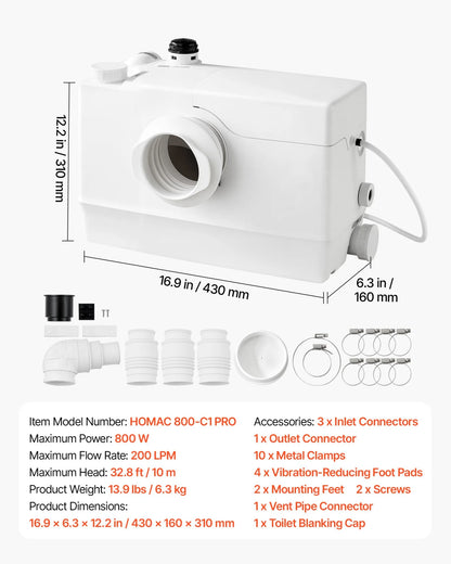 VEVOR Macerator Pump 800W 12000L/h Flow 32.8 ft/10 m Head PCB Smart Control, Macerating Sewage Pump, Waste Water Disposal Upflush Machine with 4 Inlets, for Basement, Toilet, Sink, Laundry, Kitchen - View 6
