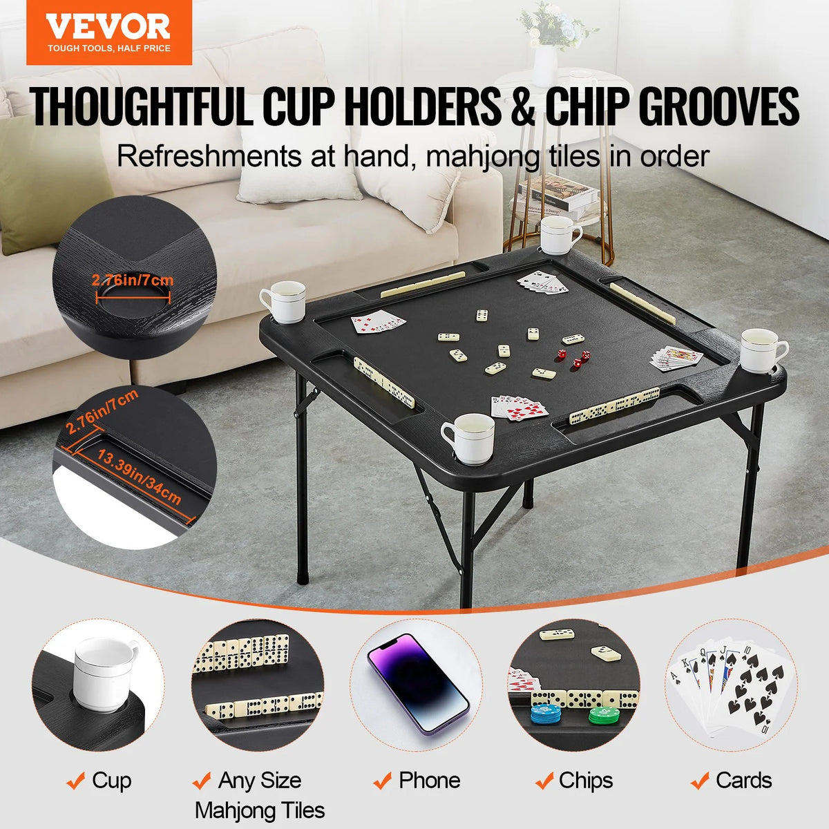 VEVOR Mahjong Table 4 Player Folding Card Table & 4 Cup Holders Chip Trays Black - View 2