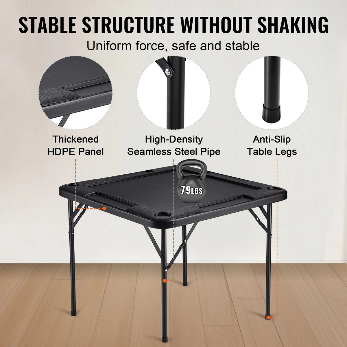 VEVOR Mahjong Table 4 Player Folding Card Table & 4 Cup Holders Chip Trays Black - View 4