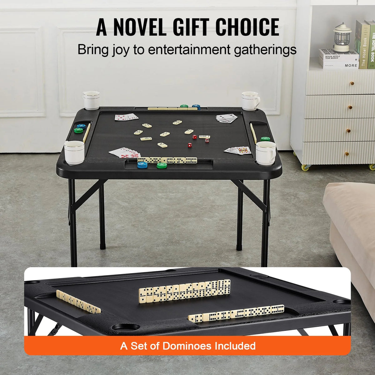 VEVOR Mahjong Table 4 Player Folding Card Table & 4 Cup Holders Chip Trays Black - View 6