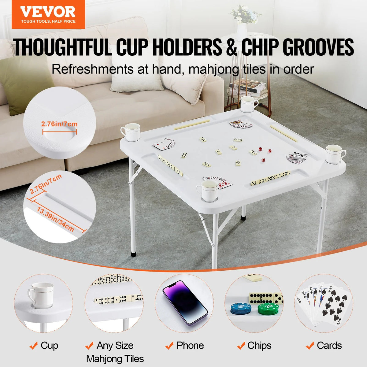 VEVOR Mahjong Table, Square 4 Player Folding Card Table with 4 Cup Holders & 4 Chip Trays, Portable Domino Game Table with 1 Set of Dominoes for Mahjong Poker Puzzles, 35.4 x 35.4-inch, White