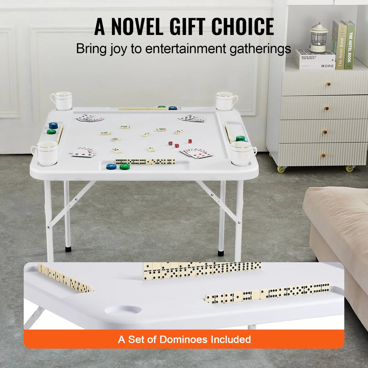 VEVOR Mahjong Table, Square 4 Player Folding Card Table with 4 Cup Holders & 4 Chip Trays, Portable Domino Game Table with 1 Set of Dominoes for Mahjong Poker Puzzles, 35.4 x 35.4-inch, White - View 5