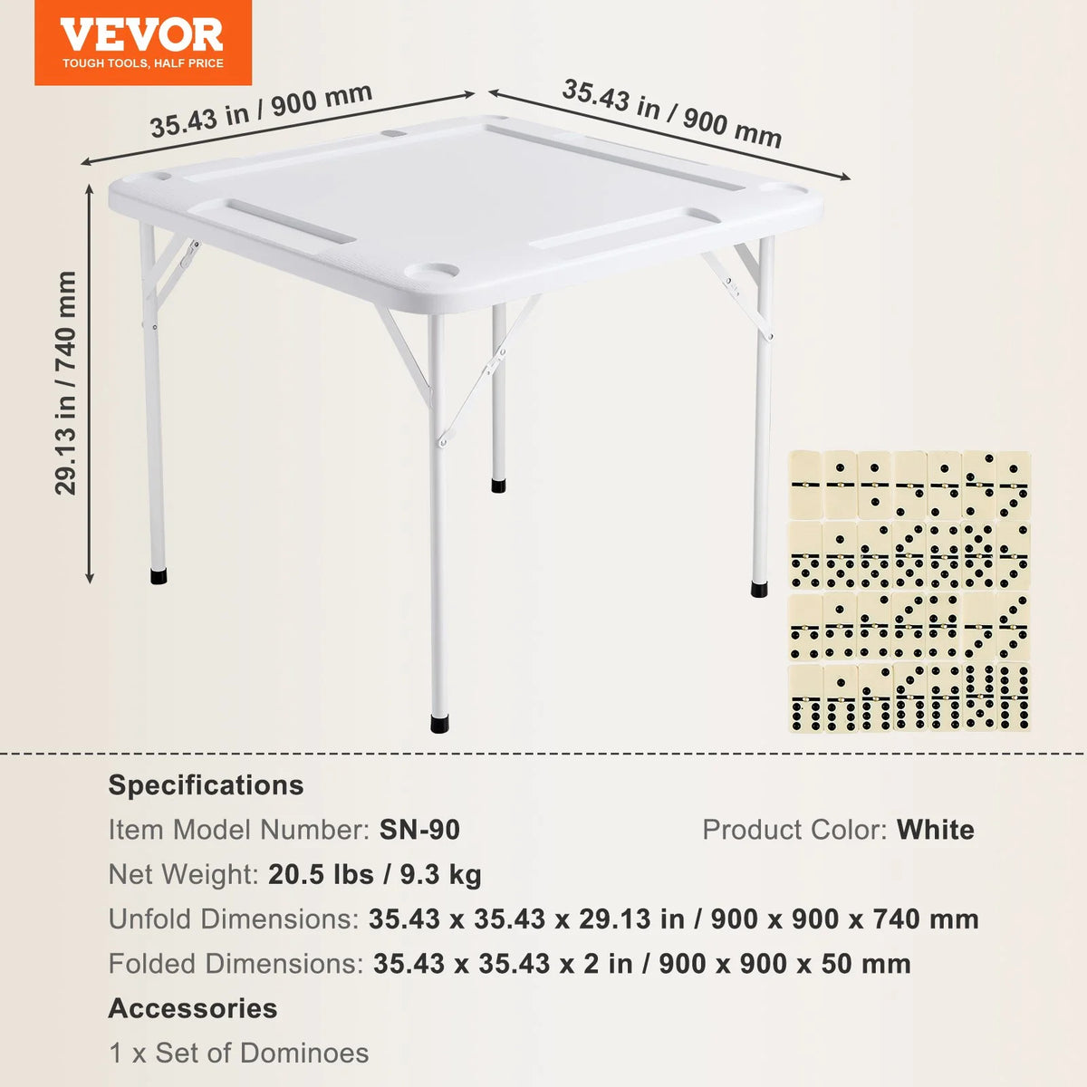 VEVOR Mahjong Table, Square 4 Player Folding Card Table with 4 Cup Holders & 4 Chip Trays, Portable Domino Game Table with 1 Set of Dominoes for Mahjong Poker Puzzles, 35.4 x 35.4-inch, White - View 6