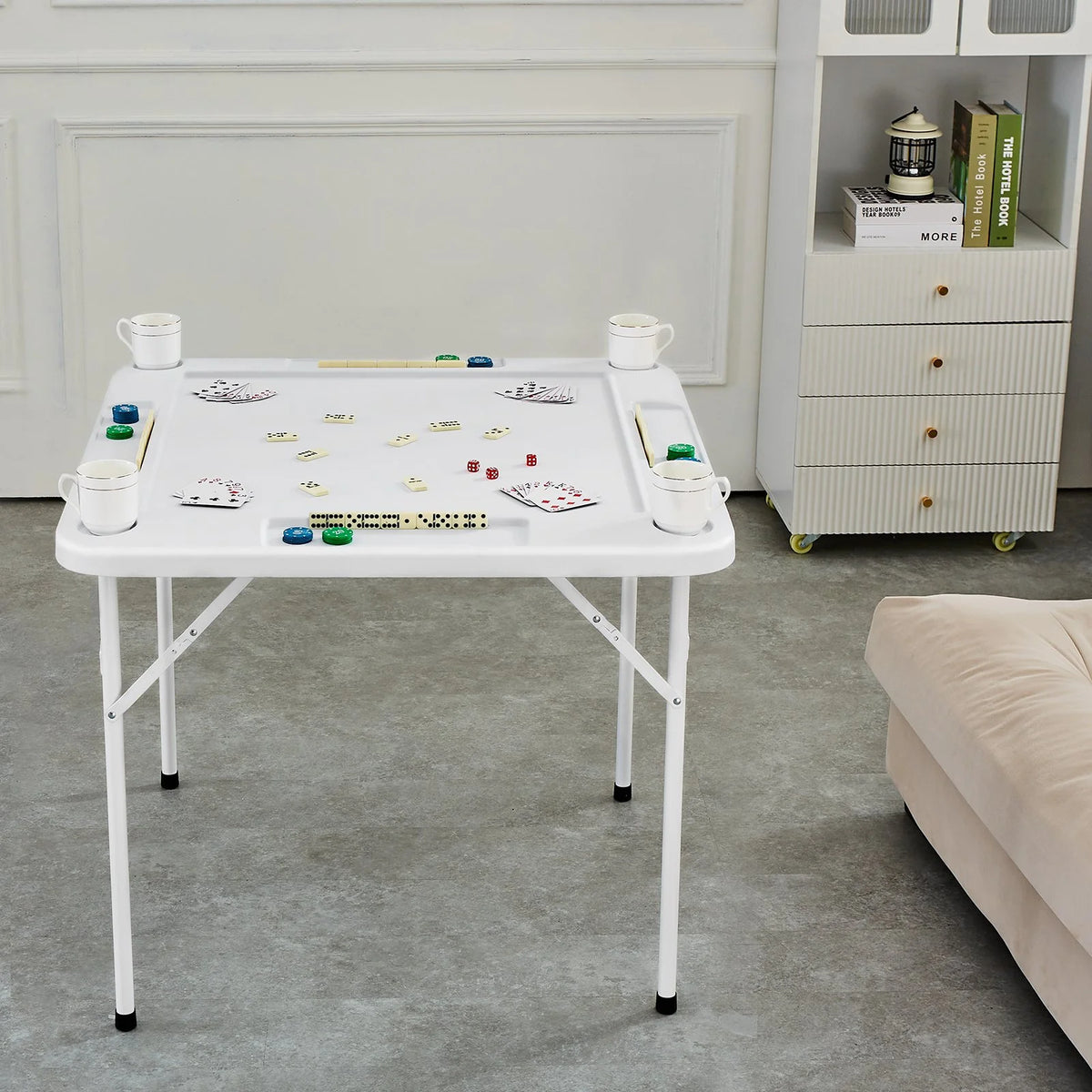 VEVOR Mahjong Table, Square 4 Player Folding Card Table with 4 Cup Holders & 4 Chip Trays, Portable Domino Game Table with 1 Set of Dominoes for Mahjong Poker Puzzles, 35.4 x 35.4-inch, White - View 7