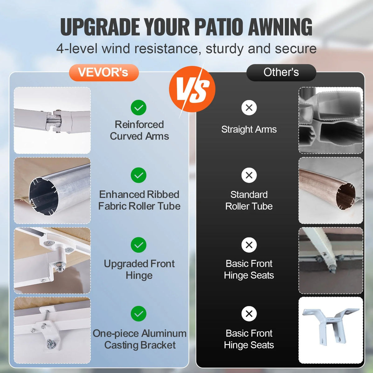 VEVOR Manual Retractable Awning, 12 x 10 ft Outdoor Patio Awning Retractable Sun Shade, Water-Resistant Polyester Patio Door Window Awning Sunshade Shelter with Crank Handle for Backyard, Balcony - View 11