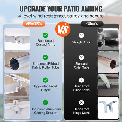 VEVOR Manual Retractable Awning, 12 x 10 ft Outdoor Patio Awning Retractable Sun Shade, Water-Resistant Polyester Patio Door Window Awning Sunshade Shelter with Crank Handle for Backyard, Balcony - View 11