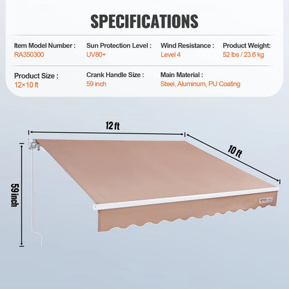 VEVOR Manual Retractable Awning, 12 x 10 ft Outdoor Patio Awning Retractable Sun Shade, Water-Resistant Polyester Patio Door Window Awning Sunshade Shelter with Crank Handle for Backyard, Balcony - View 6