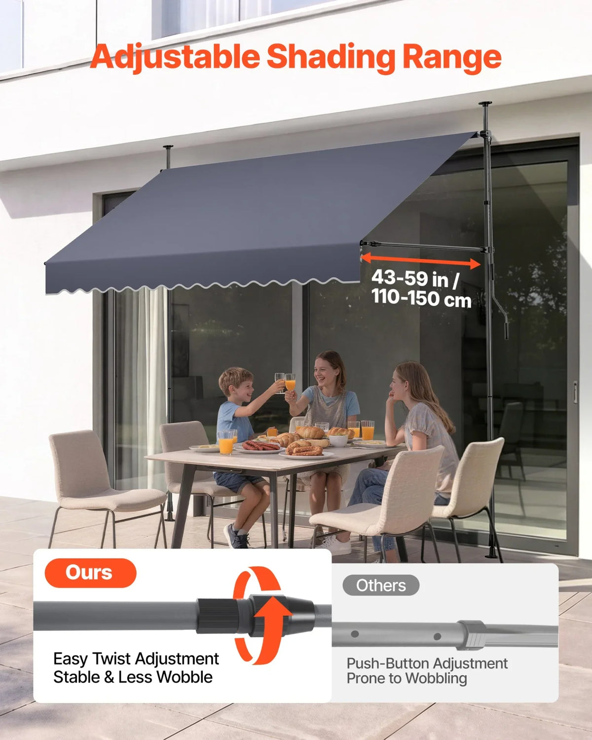 VEVOR Manual Retractable Awning, 98" Outdoor Retractable Patio Awning Sunshade Shelter, Height Adjustable Patio Door Window Canopy with Manual Crank Handle for Backyard, Garden, Balcony, Dark Gray - View 4
