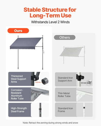 VEVOR Manual Retractable Awning, 98" Outdoor Retractable Patio Awning Sunshade Shelter, Height Adjustable Patio Door Window Canopy with Manual Crank Handle for Backyard, Garden, Balcony, Dark Gray - View 6