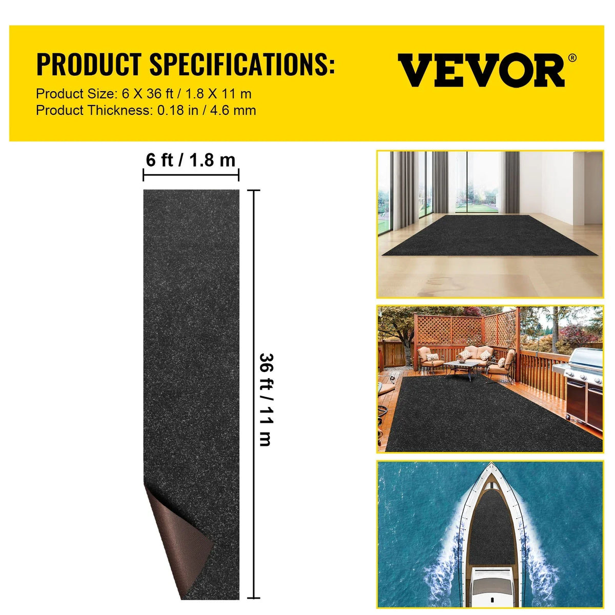VEVOR Marine Carpet, 6 x 36 ft Boat Carpeting, Charcoal Black Marine Grade Boat Carpet, Indoor/Outdoor Marine Carpeting with Water-proof TPR Backing, Water-proof Carpet Roll for Home, Patio, Porch, De - View 6