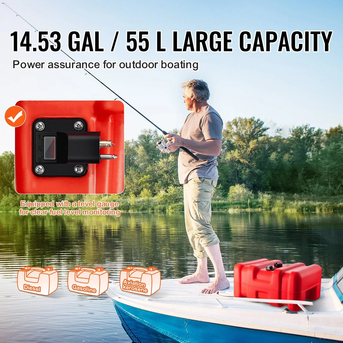 VEVOR Marine Fuel Tank, 14.53 Gallon/55L, Portable Boat Fuel Gas Tank for Outboard Engine Boats, Plastic Outboard Marine Boat Fuel Tank with Hose, Easy to Carry for Yacht, Fishing Boat, Deck Boat, Red - View 4